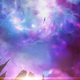 The U.S.S. Protostar flies into a purple-blue nebula, from a rocky outcropping below.